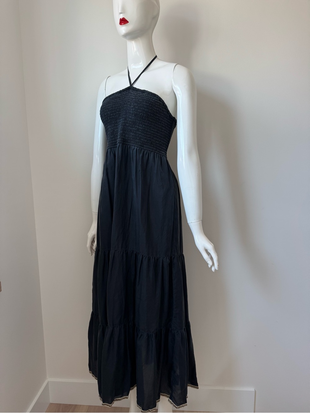 Maeve Anthropologie Black Charcoal Smocked Halter Strapless Maxi Dress